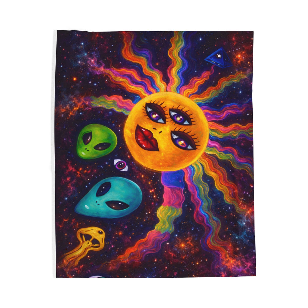 Cosmic Sun & Alien Plush Blanket – Trippy Aesthetic Throw